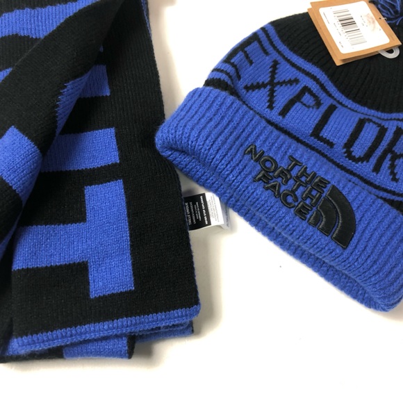 TNF The North Face Reversible Logo Scarf NWT Bold 2 Tone Design & PomPom Beanie - Picture 2 of 13